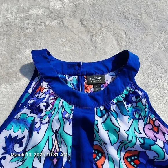 Nicole Miller Sz Large Multicolor Floral Sleeveless High Low Hem Button Back Top - Picture 4 of 11